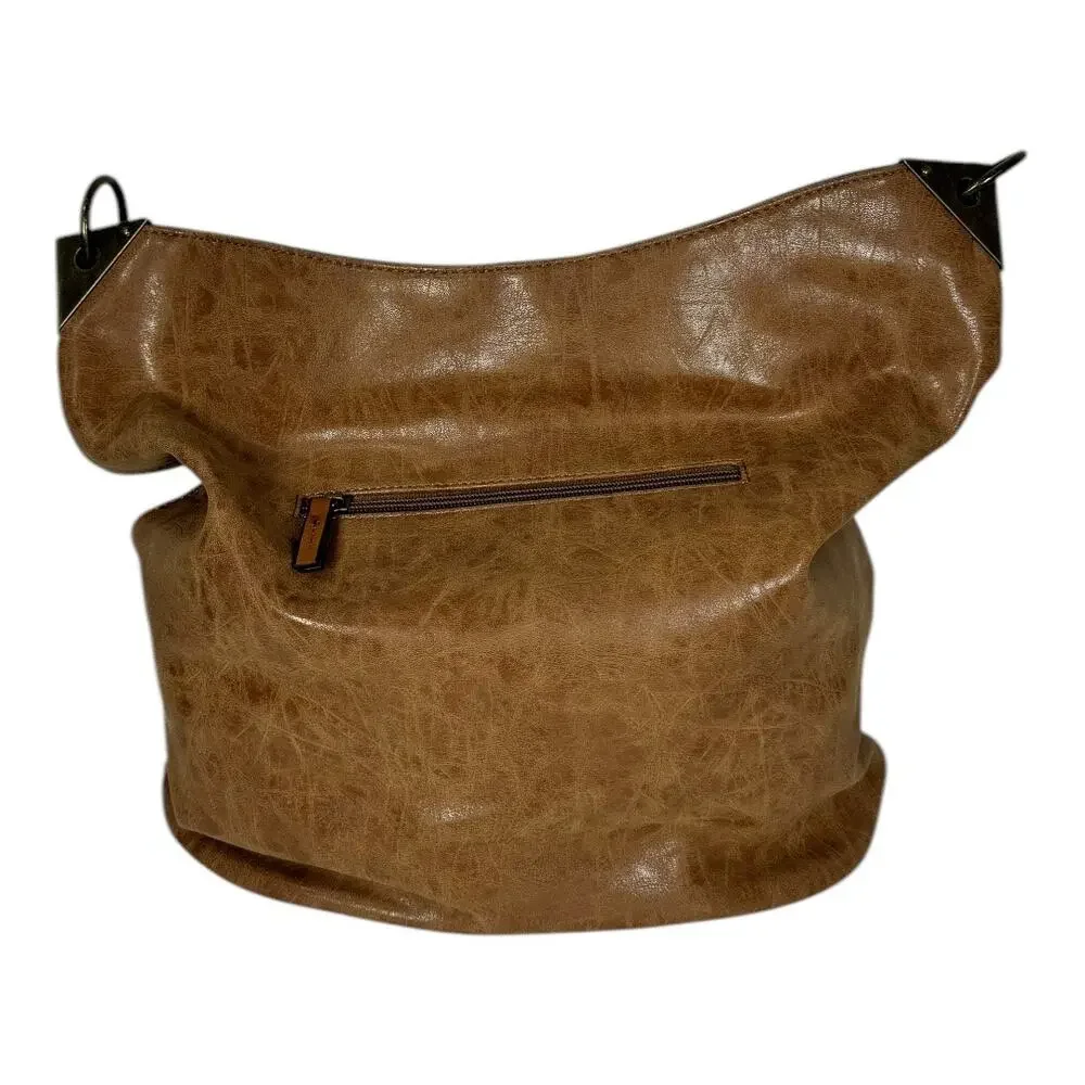 Joy Susan Darcy Zip Front Pocket Bucket Bag Faux Leather Vegan Tan Slouchy Hobo
